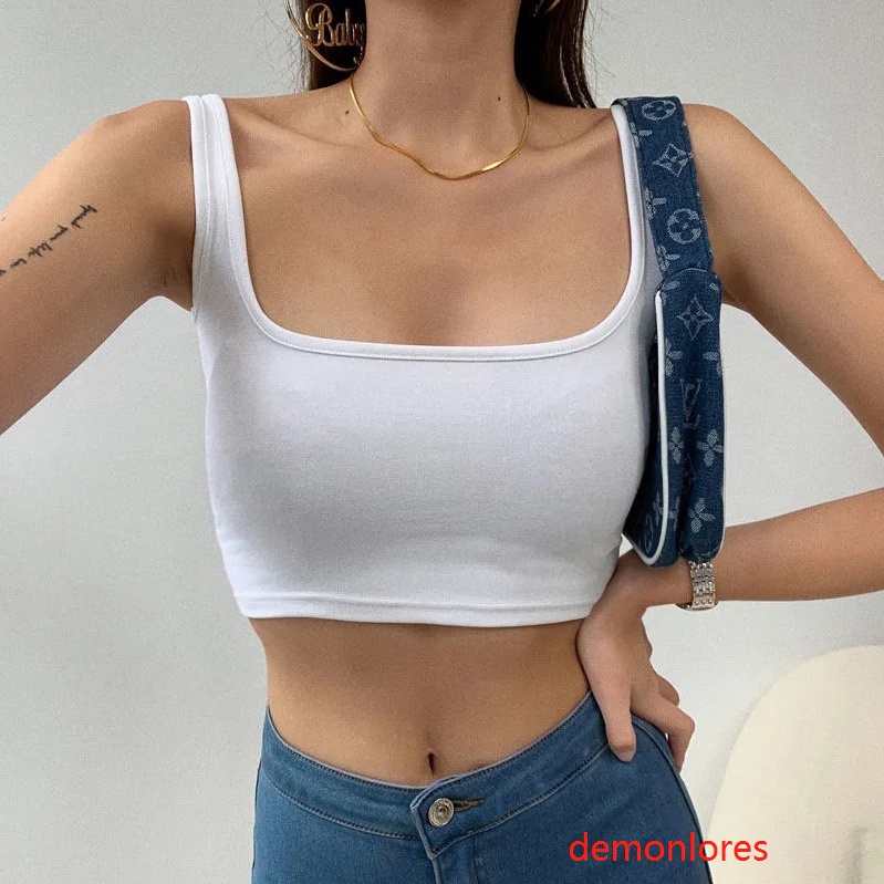 Demonlores-women ออกกําลังกายผู้ใหญ่ Casual Slim-fit สีทึบสแควร์คอสไตล์เกาหลี Crop Tops