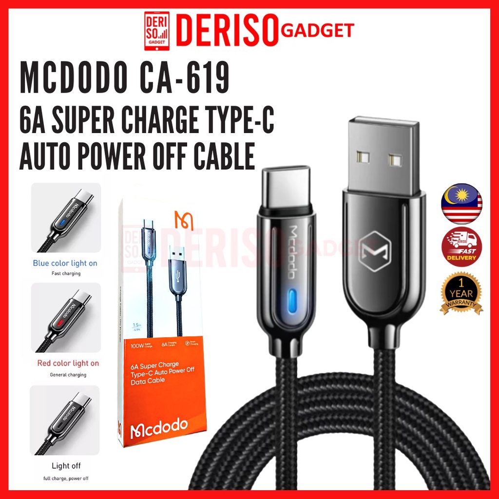 Deriso Mcdodo CA-619 5A Super Charge Type-C Auto Power Off Data Cable 65W Auto Recharge 3rd Gen สําห