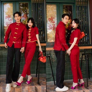 ชุดคู่ เซตกี่เพ้า เสื้อครอปแต่งขอบทอง+กางเกง​ VSM​