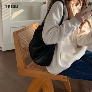 TAIDU กระเป๋าสะพายแบบพกพาย้อนยุคเฉพาะใหม่ของเกาหลีใต้ กระเป๋าโท้ทสีดำอัดพลีทใบใหญ่, อินเทรน, สบาย ๆ ทุกนัด การเดินทางทำงาน