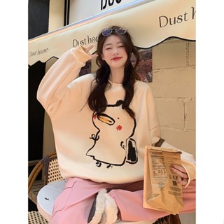 Winter Round Neck Cream Color Print Fashion Cute Cartoon Loose Hoodless Silver Fox Fleece Sweater Women