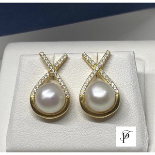 8 mm semi round Freshwater pearl stud earring🤍 designเก๋