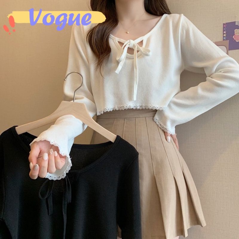Vogue🌟พร้อมส่ง🌟 เสื้อไหมพรมแขนยาว ดีเทลผูกเชือกตรงหน้าอกน่ารักมาก (7650)