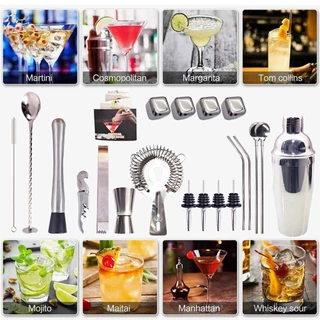 ☕☕【23 ชิ้น】 ค็อกเทล Shaker ชุดขาตั้งสแตนเลส Bartender ชุด Corkscrew Ice Tong Jigger Muddler Pourer บาร์เครื่องมือ