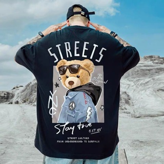 M-8XL European and American style cartoon street bear print round neck short-sleeved T-shirt men and women couples _07