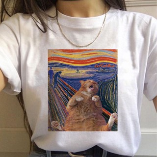 Michelangelo Van Gogh Cat Women Casual  T Shirt Cute Mona Lisa Cute Female T-shirt Harajuku Tshirt Funny Ulzzang Gr_07