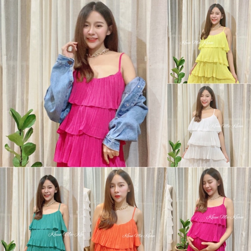 แฟชั่นชุดเดรสอัดพลีทผ้าชีฟองแต่งระบายชั้นๆป้ายTopshop สีสวยตรงปก
