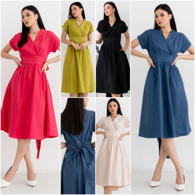 แนะนํา พรีเมี่ยม ซินนี่ Noella IMLEK POPLIN DRESS ~ CHRISTMAS VINTAGE PLAIN V-NECK KIMONO OOBI TIED MIDI FLARE DRESS | ห้องเชลลิเชียสรูม