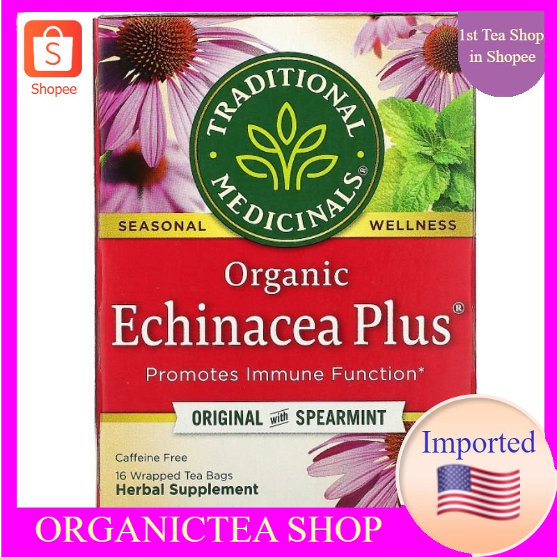 ชา Traditional Medicinals, Organic Echinacea Plus, Original with Spearmint, Caffeine Free,16 Wrapped