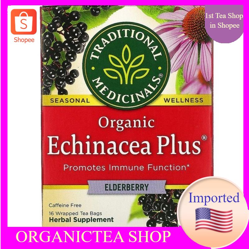 Traditional Medicinals,Organic Echinacea Plus,Elderberry,Caffeine Free,16 Wrapped​ Tea Bags💚พร้อมส่ง