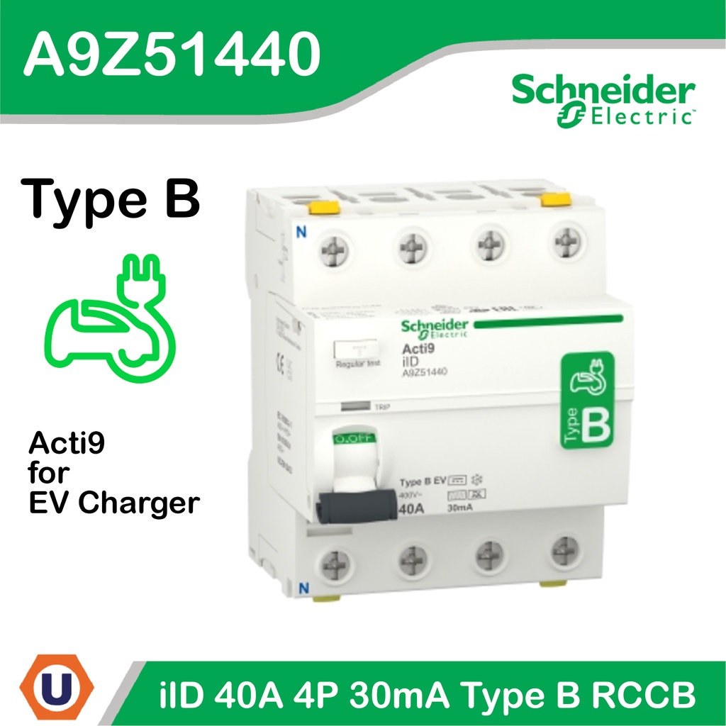Schneider Electric A9Z51440 EV Charger 4โพล 40 แอมป์ Residual Current Circuit Breaker,Acti9 ilD 4P 4