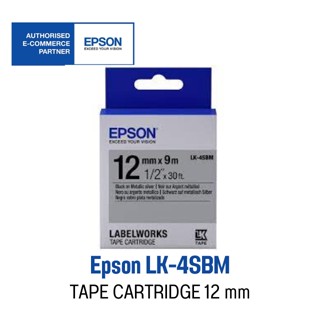 TapePump 12 mm. Black On Metallic Silver  เทปพิมพ์อักษร 12 มม. ดำพื้นสีเงิน Epson LK-4SBM ของแท้