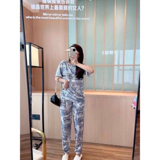 ชุดเซต ดิออร์ new collection ลายใบไม้ เสื้อแขนสั้น+กางเกงขายาว  งานผ้าพิมพ์ลายทั้งตัว กางเกงเอวสม็อค ขาจั้ม ผ้าคอตตอนผสม