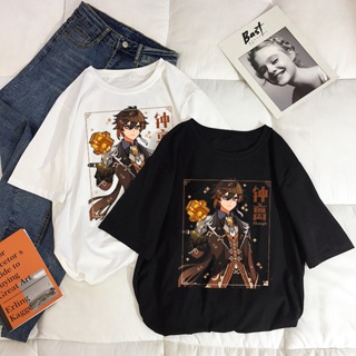 Zhongli Genshin Impact Action Role-playing Game Clothes Print T Shirt Crewneck Cotton TShirt Big Size for Women_03