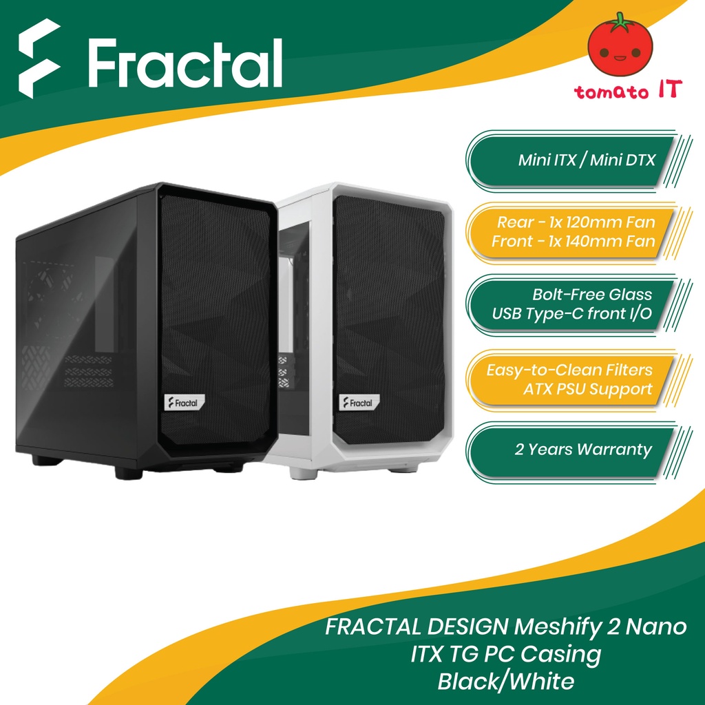 FRACTAL DESIGN Meshify 2 เคสพีซีกระจกนิรภัย Nano ITX - สีดํา/ขาว