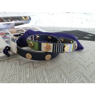 🇺🇸 กำไลข้อมือ ✨ TORY BURCH สายหนังเท่ห์ ตอกหมุดแบรนด์สัญลักษณ์ของ Tory รุ่น  Printed Color Block Double Wrap Bracelet