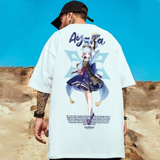 Summer Genshin Impact Ayaka Printing Casual Fashion Korean Oversized Shirt For Man Black White Short Sleeve Tshirt _03