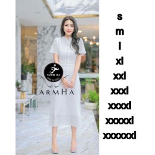 S-6XL Dress เดรสสีขาวแขนสั้นผ้าฉลุลายกระดุมหน้า งานป้าย Tarm Ha