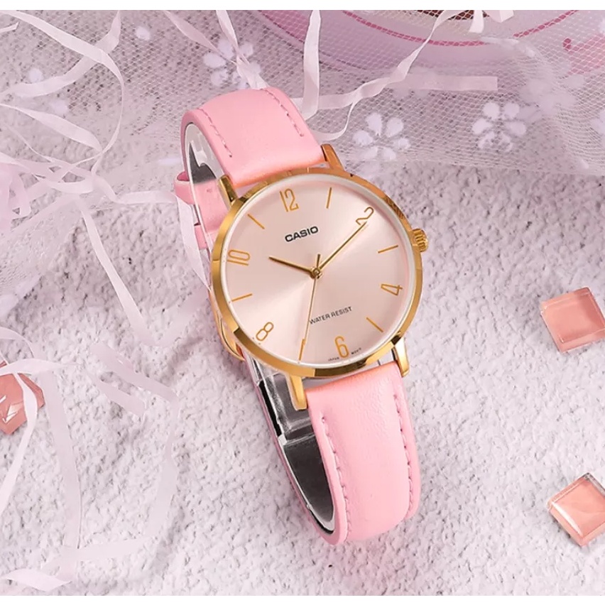นาฬิกา Casio รุ่น LTP-VT01GL-4B นาฬิกาผู้หญิง สายหนังสีชมพู ขอบหน้าปัดทอง ของแท้ 100% รับประกันสินค้