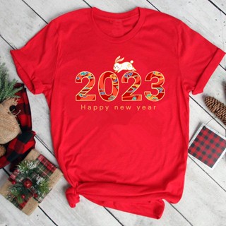 เสื้อยืดผ้าฝ้าย 2023 [Ready Stock] Happy Cute Chinese New Year of Rabbit Red Tshirt Casual Adult Women Tee Shirt