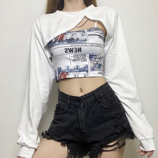 เสื้อครอปแขนยาว เข้ารูป พิมพ์ลาย สีพื้น แฟชั่นฤดูร้อน สําหรับผู้หญิง