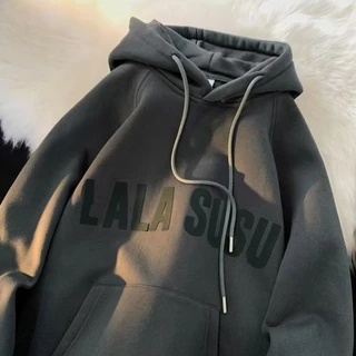พร้อมส่ง🔥ไซซ์ M-8XL🍀เสื้อกันหนาวแขนยาว มีฮู้ด ผ้ากํามะหยี่ แบบนิ่ม พิมพ์ลายตัวอักษร LALA ทรงหลวม ขนาดใหญ่ สไตล์อเมริกัน สําหรับผู้ชาย และนักเรียน