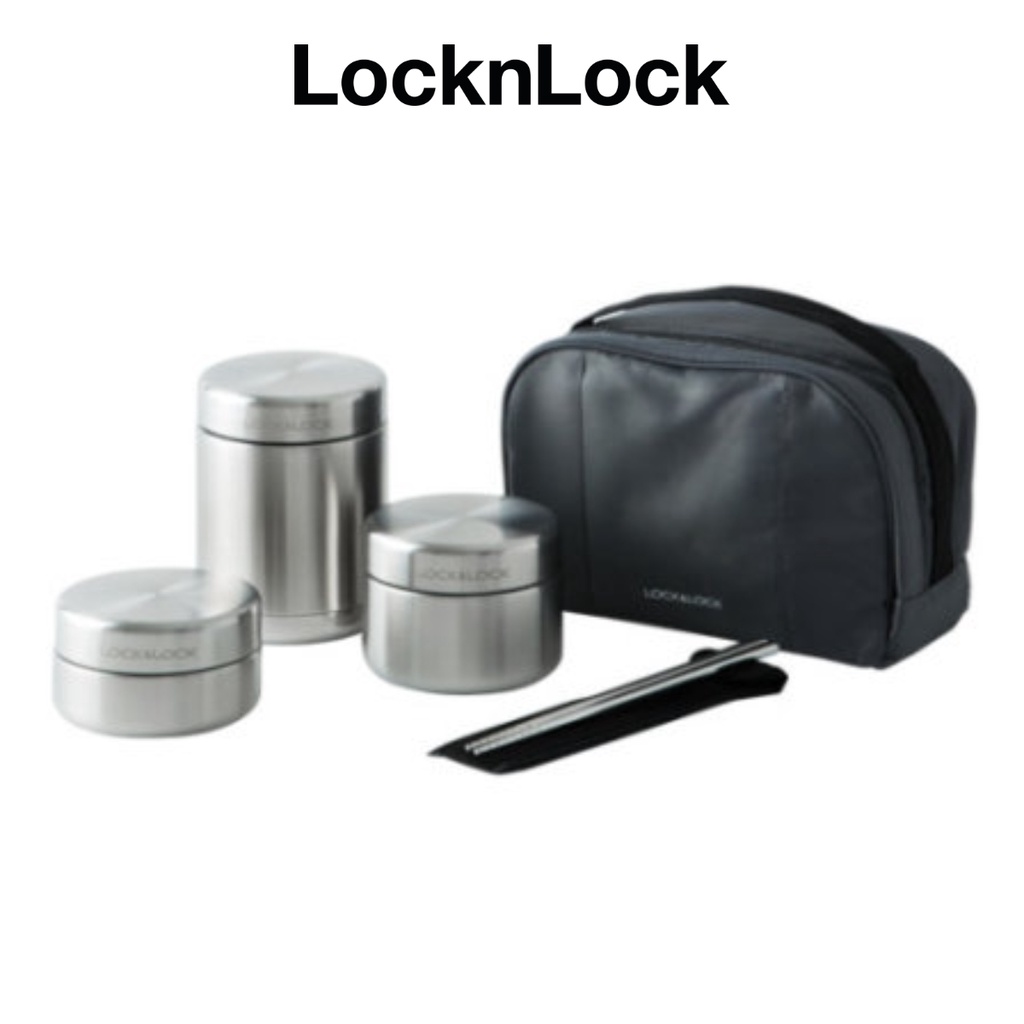 LocknLock กล่องข้าวเก็บความร้อนสแตนเลส 304 450มล. พร้อมถุงผ้าสีดำ / จากโซล ประเทศเกาหลี