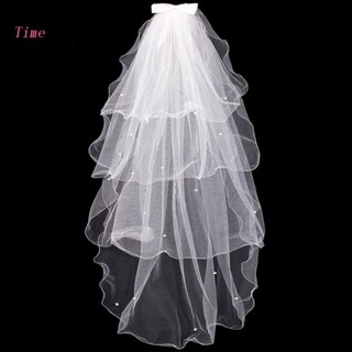 Time Tulle ชุดแต่งงาน ผ้าคลุมหน้า ประดับโบว์ สีขาว เจ้าสาว หลายชั้น ผ้าคลุมผม หวี Faux P