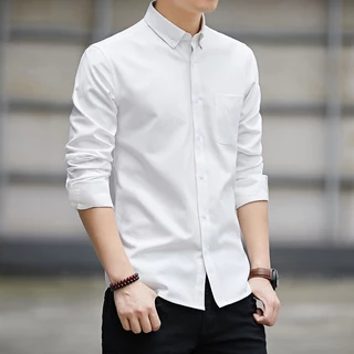 เสื้อเชิ้ตผู้ชายสีพื้นแขนยาว เสื้อเชิ้ตสไตล์เกาหลีผ้า Oxford