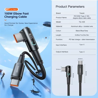 Toocki USB ประเภท C ไปยัง USB C สาย 90 องศาข้อศอก PD 100 วัตต์ชาร์จไฟรวดเร็ว LED สายข้อมูลสำหรับ แล็ปท็อปประเภท C สายข้อมูล