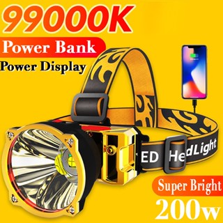 ไฟฉายสวมศีรษะ LED 200W แบบชาร์จไฟได้ สําหรับตกปลา ล่าสัตว์ ตั้งแคมป์