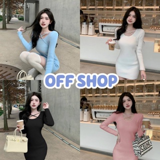 OFF SHOP พร้อมส่ง (OFF-29043)  ชุดเดรสไหมพรมแขนยาว+ขนมุ้งมิ้ง ดีเทลสายคาดXXด้านหน้า