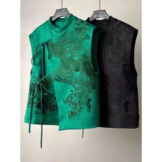เสื้อกั๊กแขนกุด คอตั้ง ปักลายนกฟินิกซ์ สไตล์จีน มี 2 สี 2023