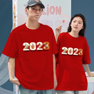 [S-5XL]ผ้าฝ้าย 100% New Year Women/Men T-shirts Red Short Sleeve Clothes Fashion Tops Clothing T Shirt 2023