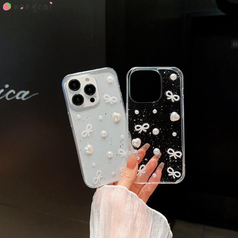 เข้ากันได้กับ iPhone 14 Plus 13 12 Mini 11 Pro Max 7 8 Plus เคสโทรศัพท์ 3D สเตอริโออีพ็อกซี่เรซิ่นเงา Glitter Bowknot Pearl Love Heart โปร่งใสปลอกกรณีฝาครอบ
