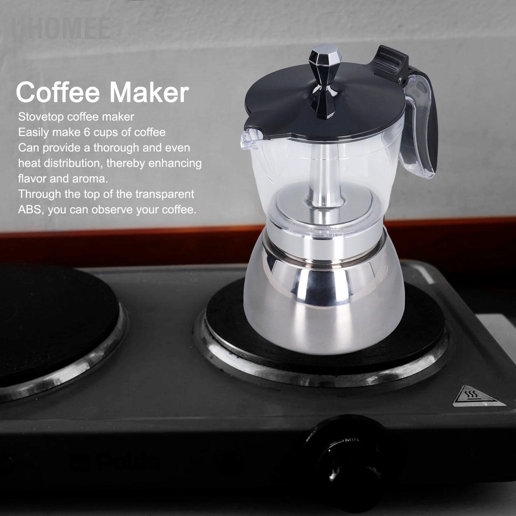 UHomee เครื่องทำกาแฟเตาตั้งพื้น 6 ถ้วย Moka Pot ใส ABS หม้อกาแฟสแตนเลสด้านบนสำหรับ Home Office