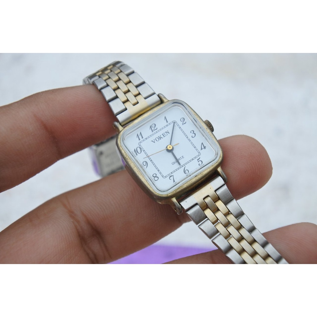 นาฬิกา Vintage มือสองญี่ปุ่น CITIZEN VOKEN ระบบ QUARTZ ผู้หญิง ทรงสี่เหลี่ยม กรอบเงิน หน้าขาว หน้าปัด 23mm