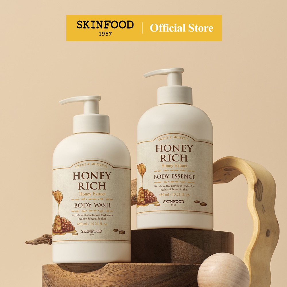 [SKINFOOD Official] เจลอาบน้ำน้ำผึ้ง 450ml &amp; Body Essence เจลทาผิว 450ml ให้ความชุ่มชื้นได้ดีสำหรับผิวที่แห้ง บำรุงผิว เนื้อเจลเข้มข้น ให้ผิวที่โกลว์ กลิ่นมะพร้าว มัสก์ และวนิลา Honey Rich Body Wash &amp; Body Essence