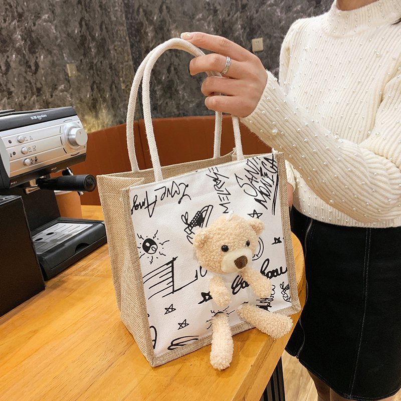 กระเป๋าถือ กระเป๋าผ้า  Tote Bag ถุงผ้า ผ้ากระสอบ ตุ๊กตาหมีน่ารัก Bear GC