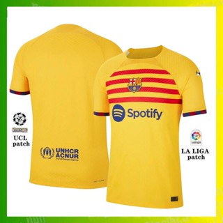 เสื้อกีฬาแขนสั้น ลายทีมชาติฟุตบอล Barcelona Four Away 22 23 2022 2023 ชุดเยือน สีเหลือง สําหรับผู้ชาย ไซซ์ S-XXL