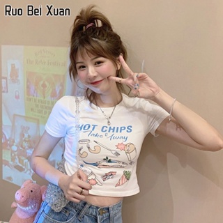 RUO BEI XUAN เสื้อยืดแขนสั้นผู้หญิงฤดูร้อนใหม่น่ารักพิมพ์รอบคอบางด้านบน