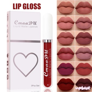 ♕CmaaDU ชุดลิปสติก3สี/1ชุด Matte Velevt Smooth Waterproof Sweatproof Non-Stick Cup Non-Fade Long Lasting Lip Cosmetic UPBEST