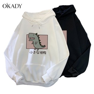 ◙◇OKADY เสื้อกันหนาวมีฮู้ดแฟชั่นสำหรับผู้ชายสไตล์เกาหลีพิมพ์ลายหลวมสบาย ๆ เสื้อสเวตเตอร์คู่รักนักเรียน