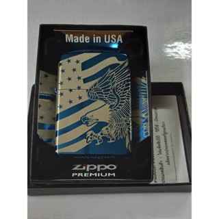 ZIPPO PREMIUM  49046 PATRIOTIC   DESIGN   สีน้ำเงิน ลายรอบตัว360องศา แบบต่อเนื่องทั้ง4ด้าน ลายเลเซอร์ลงเนื้อ ของใหม่