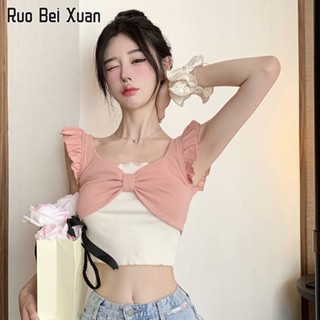 RUO BEI XUAN เสื้อกั๊กสตรีแฟชั่นใหม่เวอร์ชั่นเกาหลีปลอมสองชิ้นเย็บโบว์ปมยกทรง