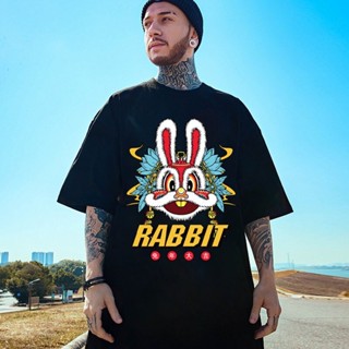 เสื้อยืดผู้ ผ้าฝ้าย 100% เสื้อยืดผ้าฝ้าย 2023 S-7XL 2023 Chinese New Year Rabbit Year Red Oversized Men T Shirt Trendy C