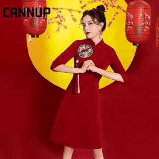 CANNUP ชุดตรุษจีนหญิง สีแดง ชุดกี่เพ้า กี่เพ้า A22M06B