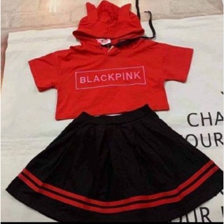 ชุดฮิปฮอป black pink เสื้อครอปเอวลอย+กางเกงขายาวหรือกระโปรง ชุด2ชิ้น