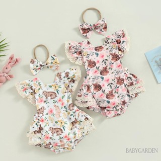 Babygarden-0-24 เดือน ชุดรอมเปอร์ แขนบิน อีสเตอร์ คอสี่เหลี่ยม แต่งระบาย + ที่คาดผม โบว์ สําหรับเด็กผู้หญิง