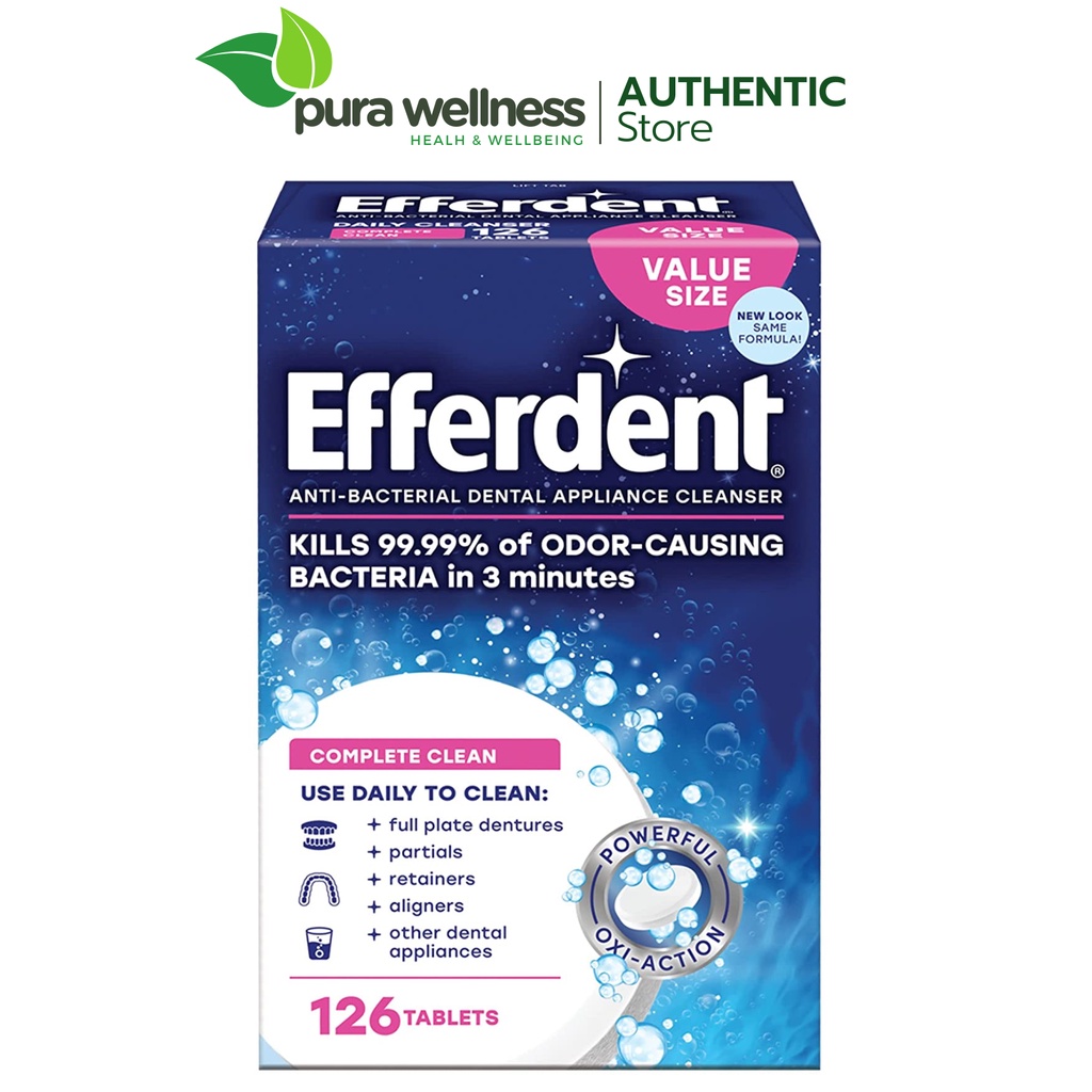 Efferdent Complete Clean เม็ดฟู่ทําความสะอาดและขัดฟันปลอม ฟันปลอมแบบถอดได้ ถาดจัดฟัน 126 เม็ด
